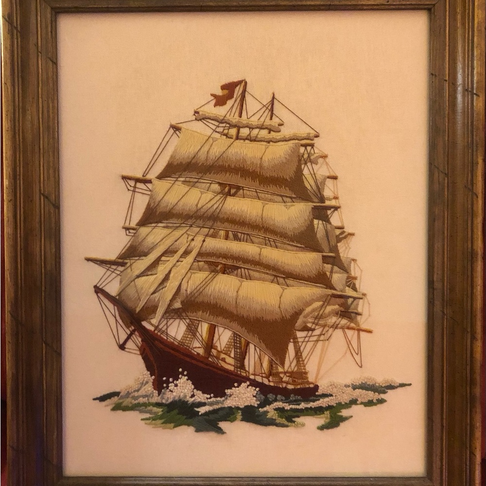 Vintage Framed Embroidered Tall Ship - Gold & Brown Sails Ocean Foam Handmade